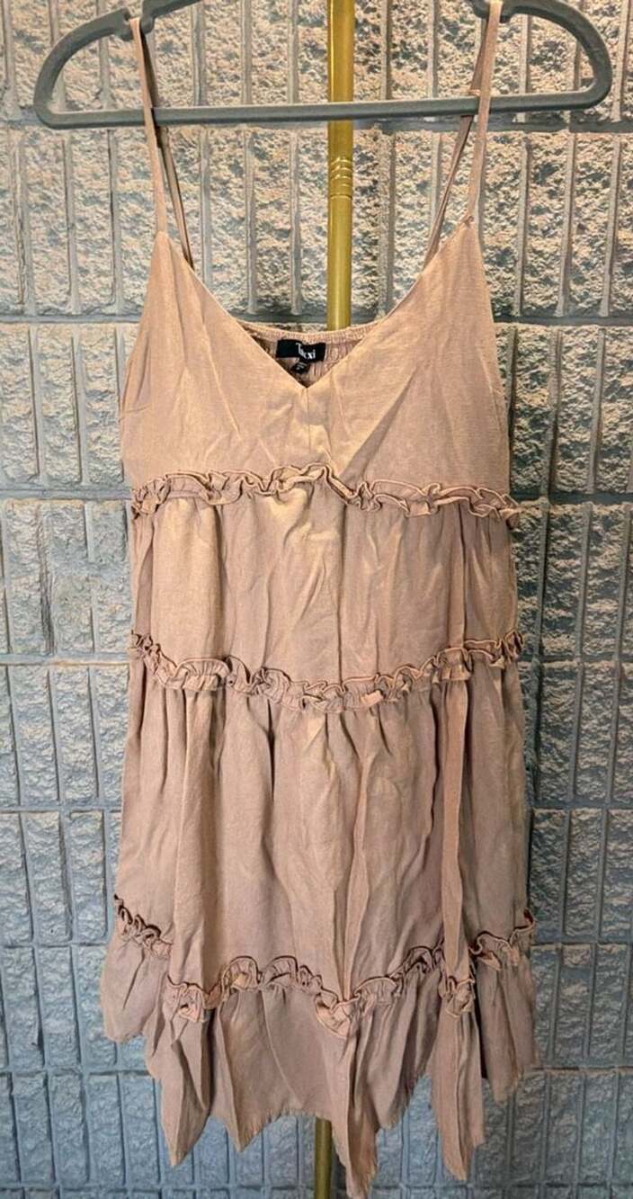 544 Trixxi Womens Brown Tiered Ruffle Spaghetti Strap Babydoll Dress Medium